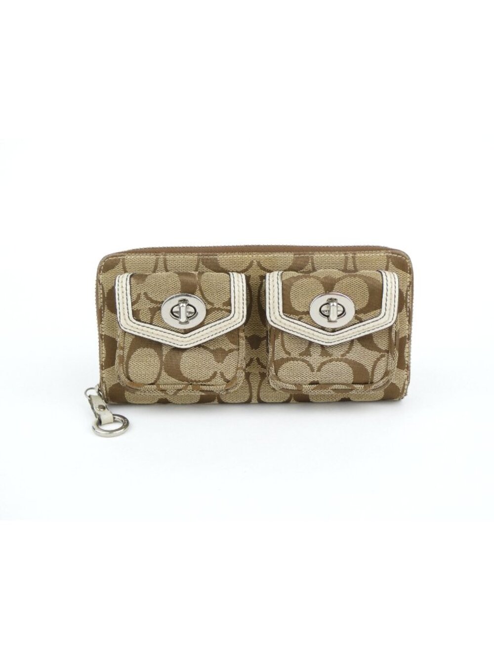 Coach Signature Khaki Chalk Zip Around Accordion Wallet